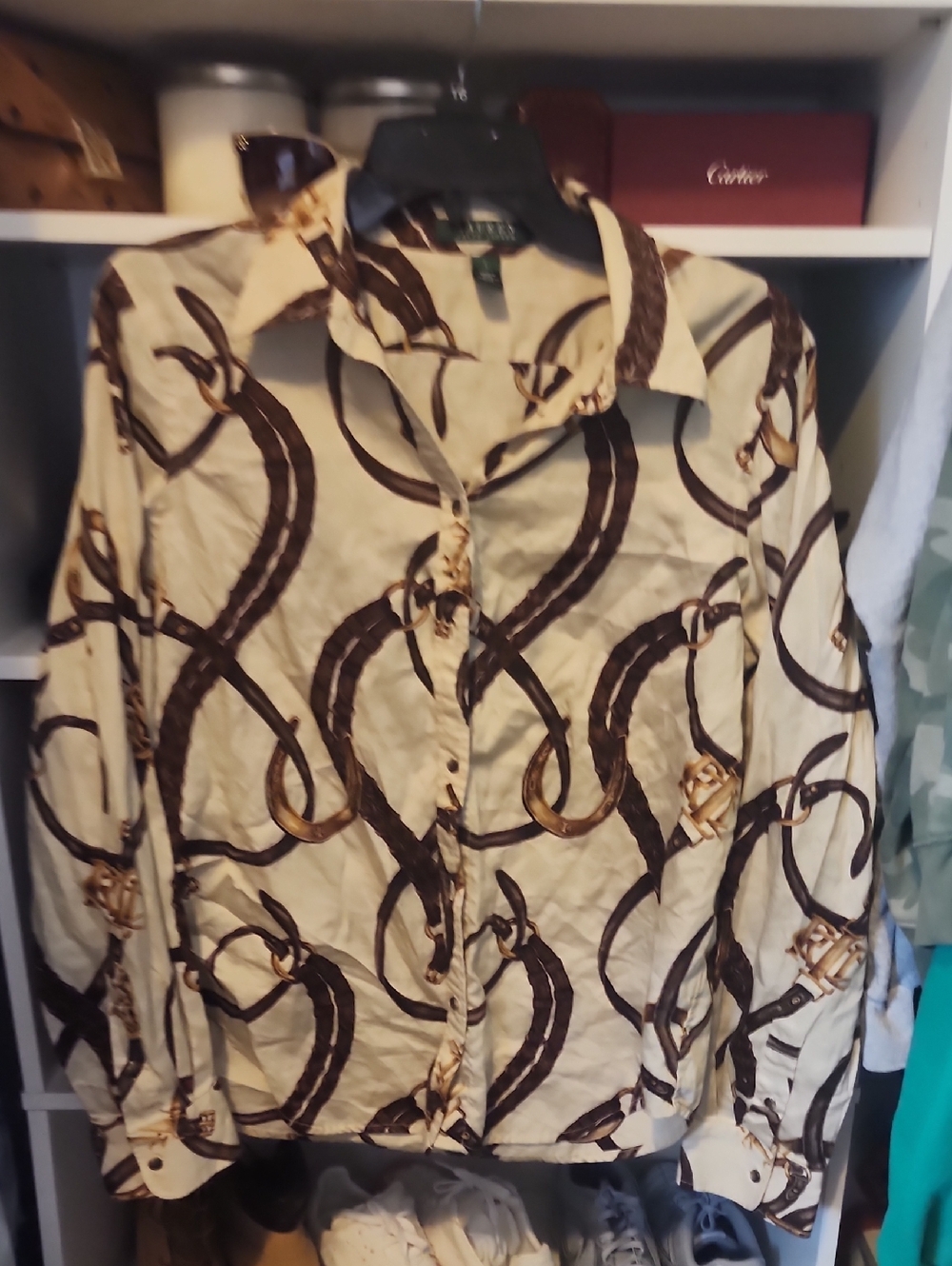 Lauren Ralph Lauren Beige Button-Down Shirt with Brown Chain Print